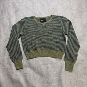 Le Superbe Cropped Sweater Women's Medium Green Striped 100% Cashmere Pullover